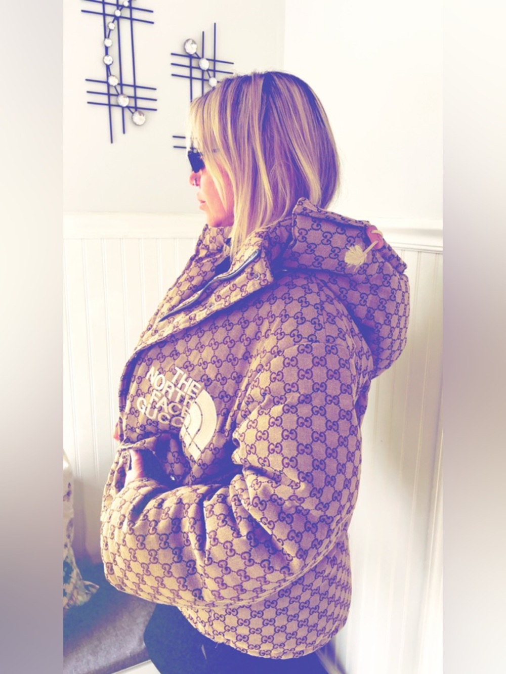 The North Face x Gucci Tan Monogram Hooded Puffer Jacket - Picture 2 of 6